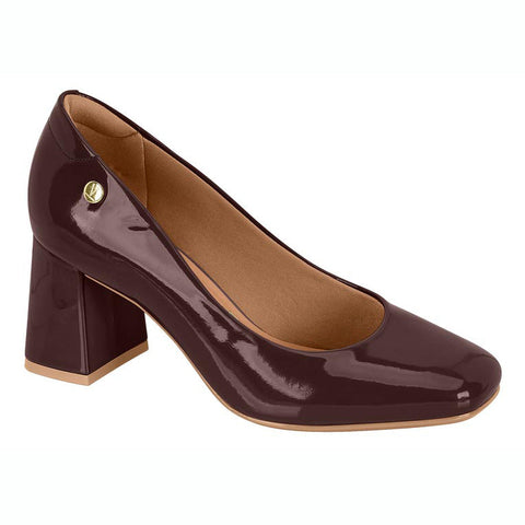 Scarpin Vizzano 1446-100 salto bloco bico quadrado Cocoa Envernizado