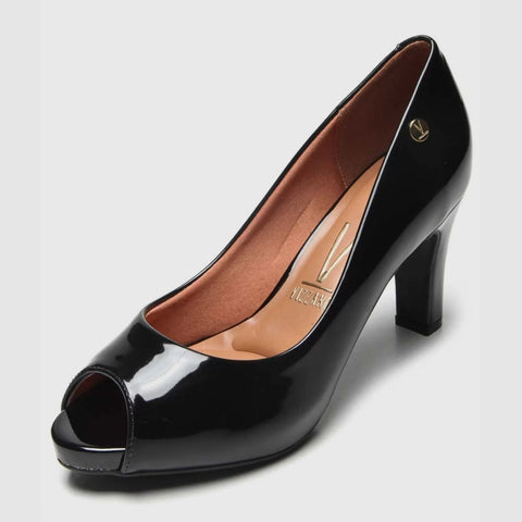 Scarpin Vizzano 1840-300 salto médio peep toe Preto Envernizado