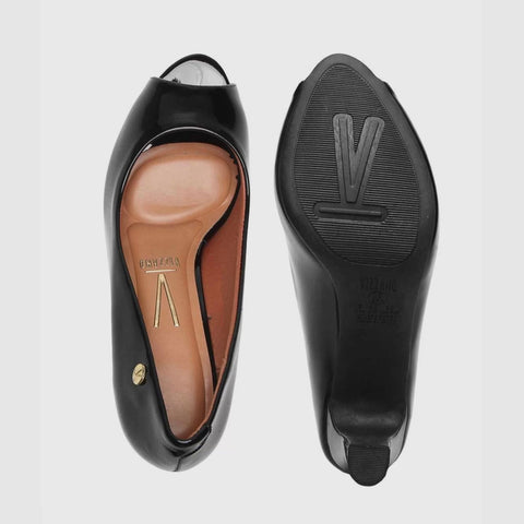 Scarpin Vizzano 1840-300 salto médio peep toe Preto Envernizado