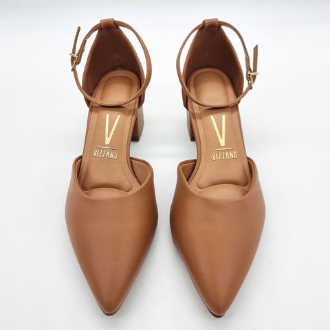 Scarpin Vizzano 1220-317 salto bloco com tira no tornozelo Caramelo