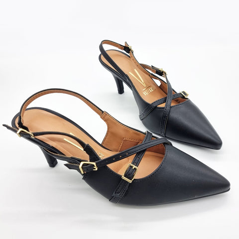 Scarpin Slingback Vizzano 1185-1124 Bico Fino de Tiras Napa Preto