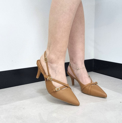Scarpin Slingback Vizzano 1185-1124 Bico Fino de Tiras Napa Caramelo