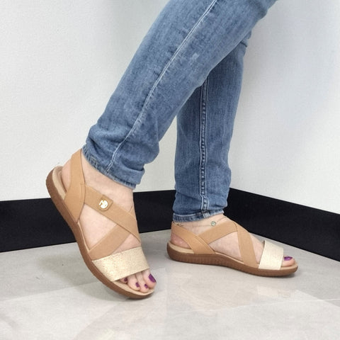 Sandália Rasteira Modare 7125-249 Tiras Elásticas Ouro Rosé/Camel