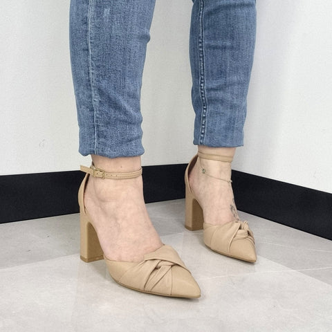 Scarpin Vizzano 1285-444 salto bloco bico fino com laço Bege