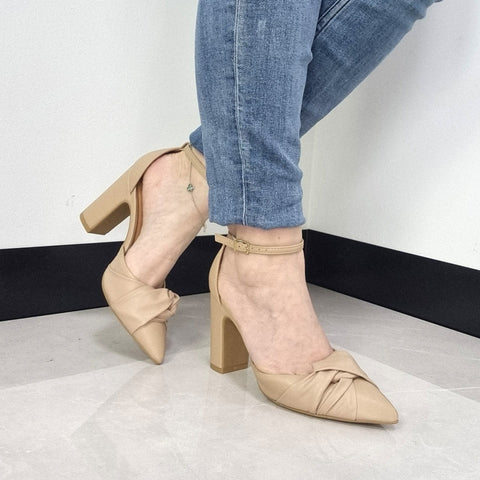 Scarpin Vizzano 1285-444 salto bloco bico fino com laço Bege