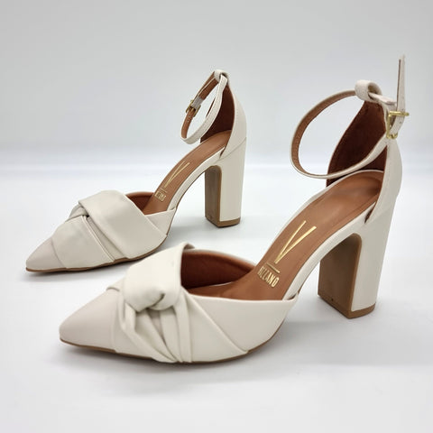 Scarpin Vizzano 1285-444 salto bloco bico fino com laço Branco Off White