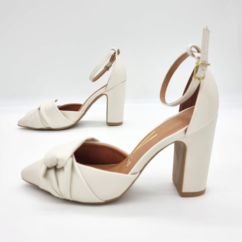 Scarpin Vizzano 1285-444 salto bloco bico fino com laço Branco Off White