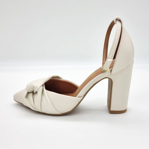 Scarpin Vizzano 1285-444 salto bloco bico fino com laço Branco Off White