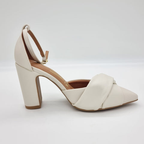 Scarpin Vizzano 1285-444 salto bloco bico fino com laço Branco Off White