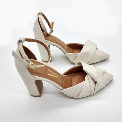 Scarpin Vizzano 1285-444 salto bloco bico fino com laço Branco Off White