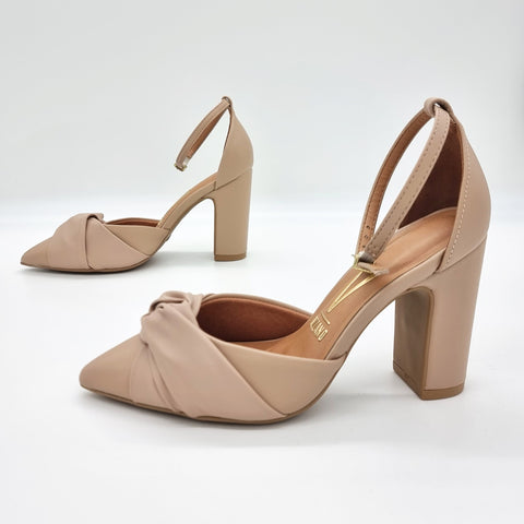Scarpin Vizzano 1285-444 salto bloco bico fino com laço Bege