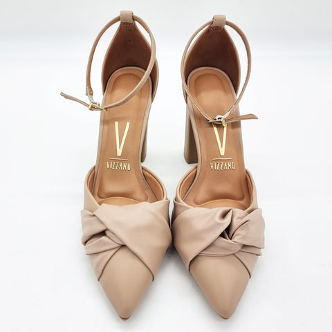 Scarpin Vizzano 1285-444 salto bloco bico fino com laço Bege