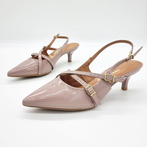 Scarpin Slingback Vizzano 1122-885 Salto Baixo Bico Fino de Tiras Verniz Taupe