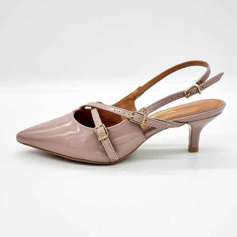 Scarpin Slingback Vizzano 1122-885 Salto Baixo Bico Fino de Tiras Verniz Taupe
