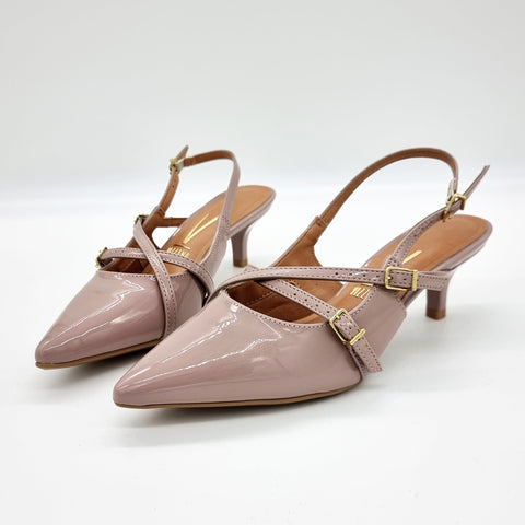 Scarpin Slingback Vizzano 1122-885 Salto Baixo Bico Fino de Tiras Verniz Taupe