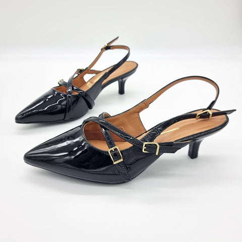 Scarpin Slingback Vizzano 1122-885 Salto Baixo Bico Fino de Tiras Verniz Preto