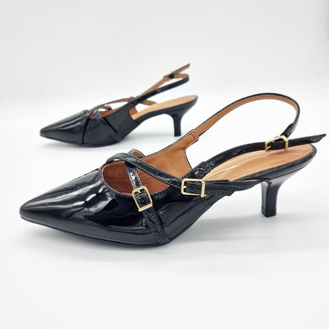 Scarpin Slingback Vizzano 1122-885 Salto Baixo Bico Fino de Tiras Verniz Preto