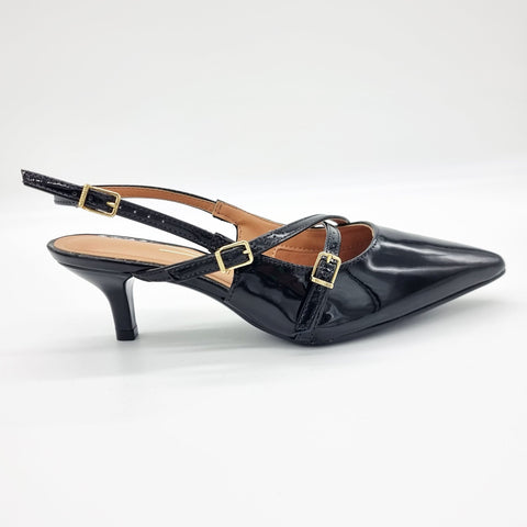 Scarpin Slingback Vizzano 1122-885 Salto Baixo Bico Fino de Tiras Verniz Preto