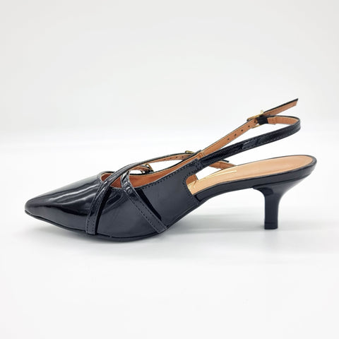 Scarpin Slingback Vizzano 1122-885 Salto Baixo Bico Fino de Tiras Verniz Preto