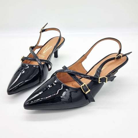 Scarpin Slingback Vizzano 1122-885 Salto Baixo Bico Fino de Tiras Verniz Preto