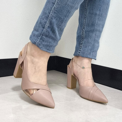 Scarpin Vizzano 1285-4443 salto bloco bico fino slingback Taupe
