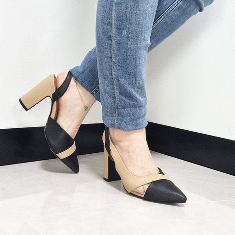 Scarpin Vizzano 1285-4443 salto bloco bico fino slingback Preto/Bege