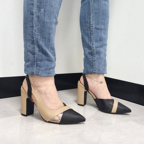 Scarpin Vizzano 1285-4443 salto bloco bico fino slingback Preto/Bege