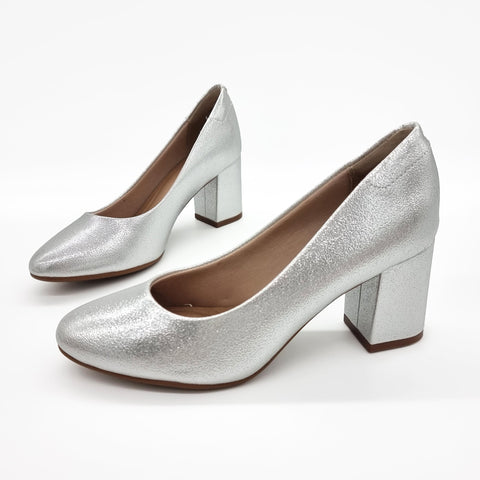 Scarpin Beira Rio 4320-100 Salto Bloco Bico Redondo Prateado