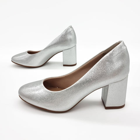 Scarpin Beira Rio 4320-100 Salto Bloco Bico Redondo Prateado