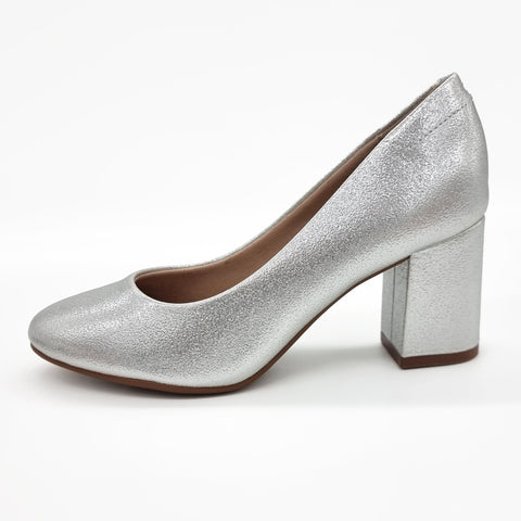 Scarpin Beira Rio 4320-100 Salto Bloco Bico Redondo Prateado