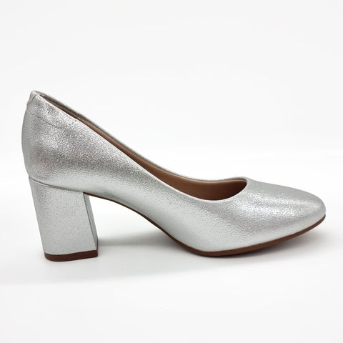 Scarpin Beira Rio 4320-100 Salto Bloco Bico Redondo Prateado