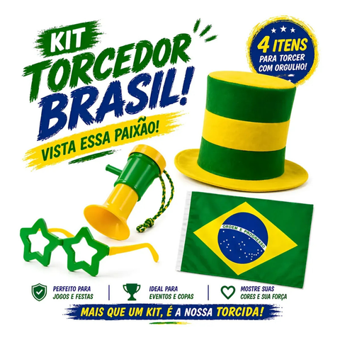 Kit Torcedor Brasil Copa 2026 Chapéu Óculos Corneta Bandeira