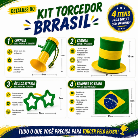 Kit Torcedor Brasil Copa 2026 Chapéu Óculos Corneta Bandeira
