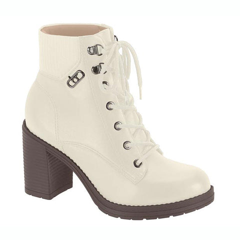 Bota Cano Curto Beira Rio 9088-103 Salto Bloco com Cadarço Off White