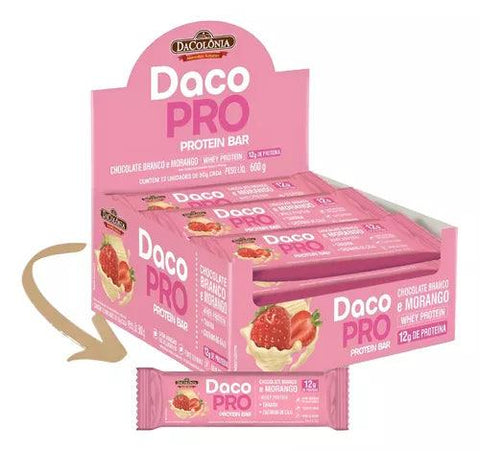 Barra DacoPro Protein Bar Chocolate Branco e Morango 600g (Display 12 unid) DaCôlonia