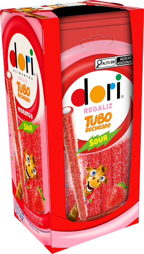 Bala Tubo Recheado Morango Ácido Dori 70g