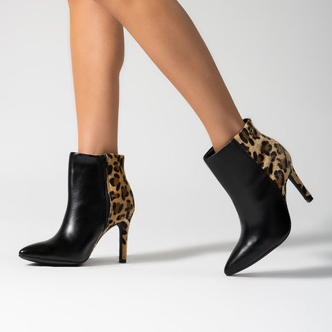 Bota Vizzano 3049-219 Cano Curto Salto Stiletto Bico Fino Preto/Bege Estampado