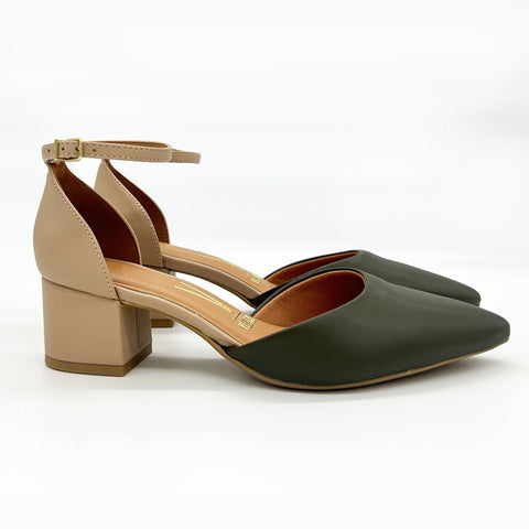 Scarpin Vizzano 1220-317 salto bloco com tira no tornozelo Verde-oliva/Bege