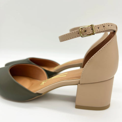 Scarpin Vizzano 1220-317 salto bloco com tira no tornozelo Verde-oliva/Bege