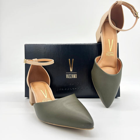 Scarpin Vizzano 1220-317 salto bloco com tira no tornozelo Verde-oliva/Bege