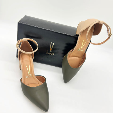 Scarpin Vizzano 1220-317 salto bloco com tira no tornozelo Verde-oliva/Bege