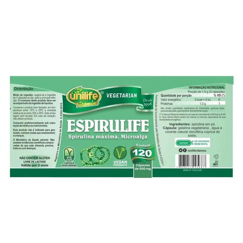 Spirulina Espirulife Unilife 120 Cápsulas - MEUBRASILONLINE