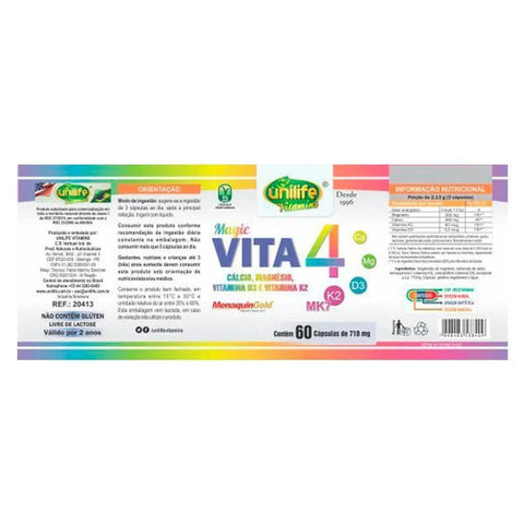 Vitaminas K2, D3, Cálcio E Magnésio Vita4 - Unilife - 60 Cápsulas - MEUBRASILONLINE